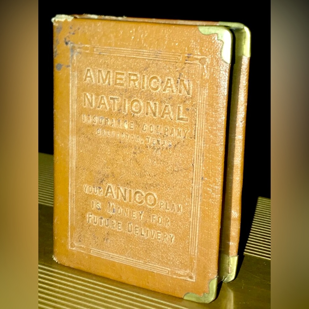 Vintage 1920s Zell AMERICAN NATIONAL INSURANCE Co Galveston Texas Book Coin Bank